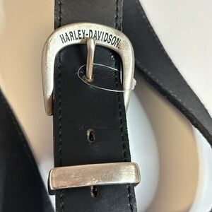 HARLEY DAVISON BLACK LEATHER BELT 52” LENGTH…SILVER BUCKLE AND SILVER TIP